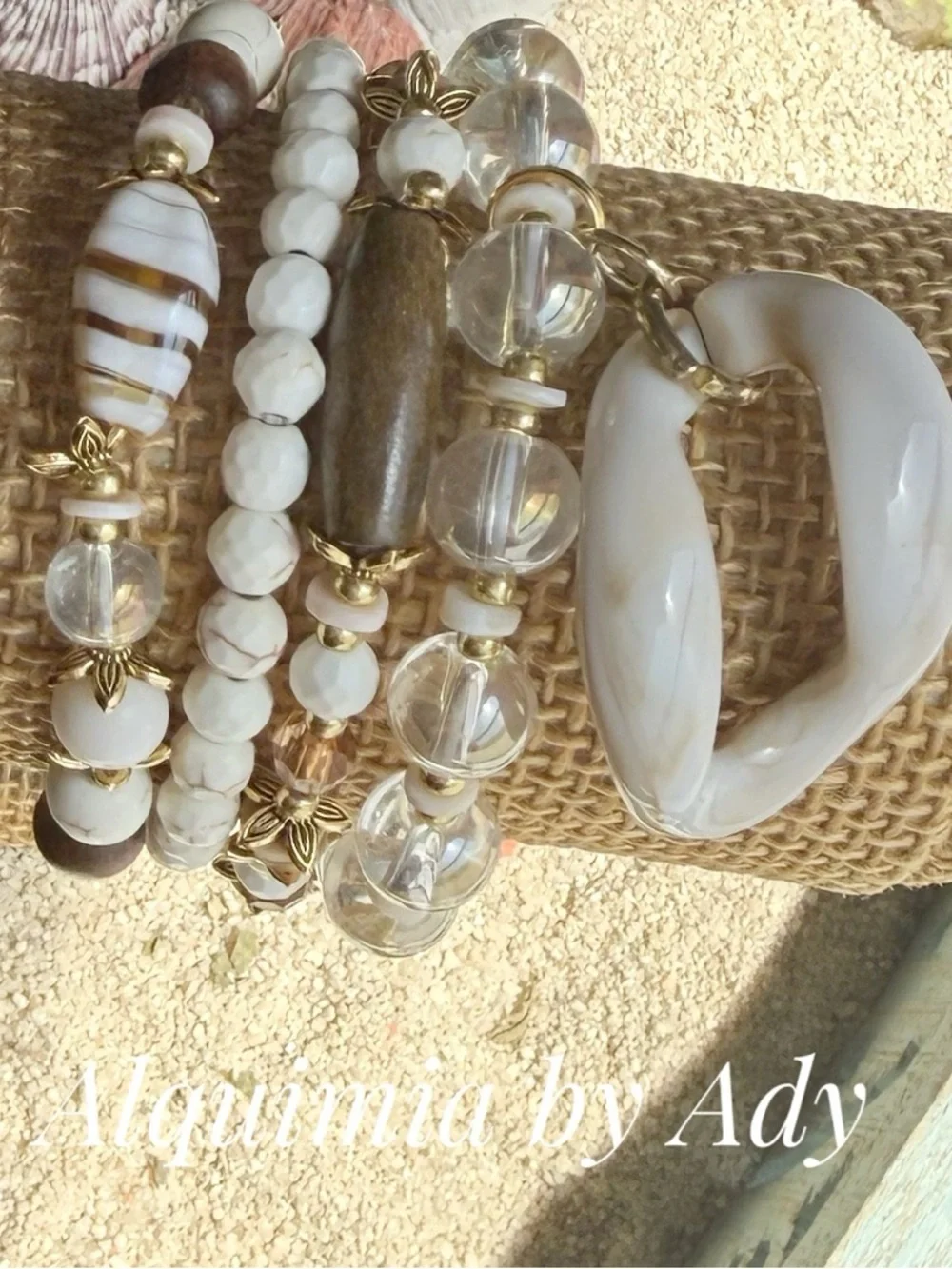 CURATED + White, Gold and Brown Mixed-Bead Stretch Bracelet Set AURA+shell